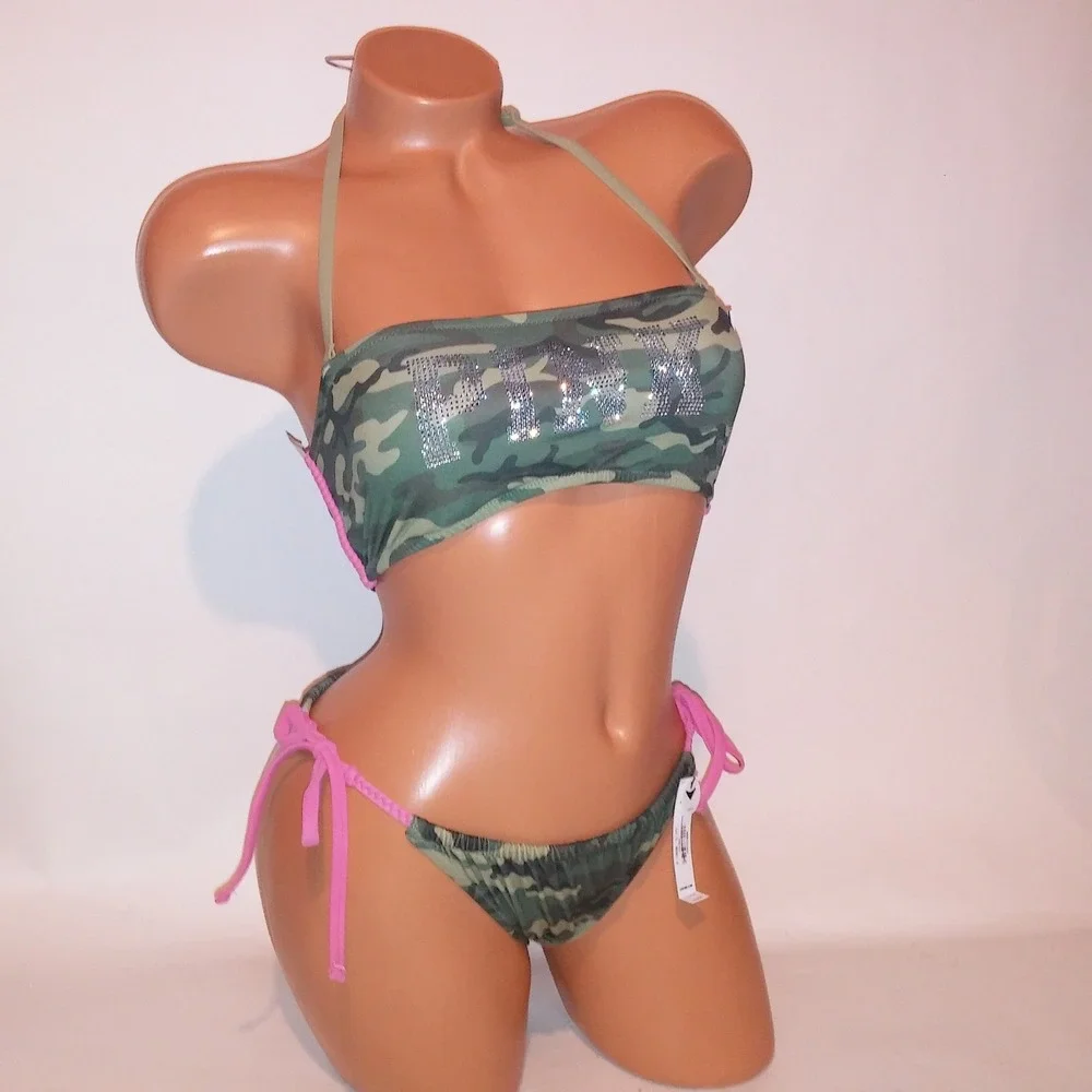 Victoria Secret PINK Swim Bikini Medium Top & Bottom Green Camo String Bandeau